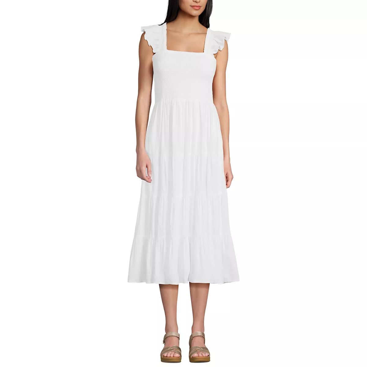 Women's Lands' End Cotton Dobby Smocked Ruffle Shoulder Midi Dress | Kohl's