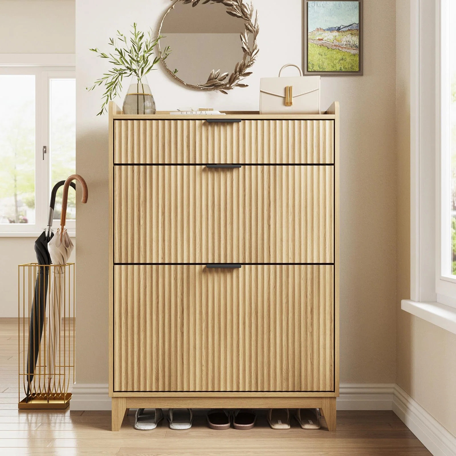 Ophelia & Co. Fluted Shoe Storage Cabinet With 2 Flip Drawers & Large Drawer | Wayfair | Wayfair North America