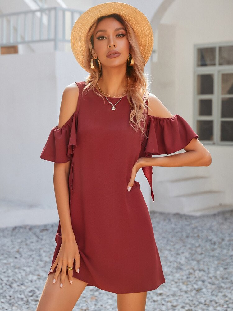Solid Cold Shoulder Tunic Dress | SHEIN