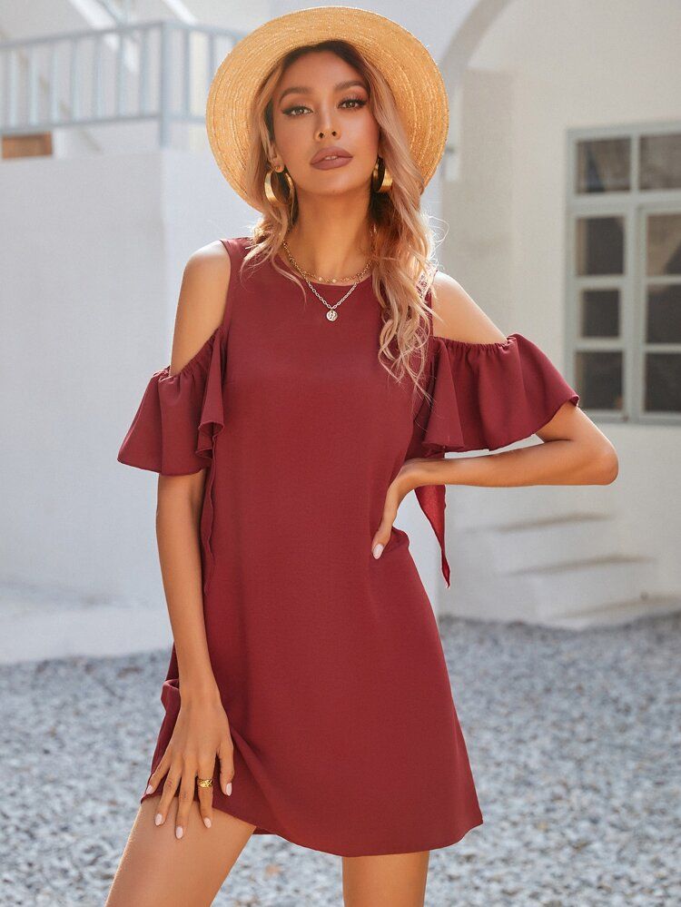 Solid Cold Shoulder Tunic Dress | SHEIN