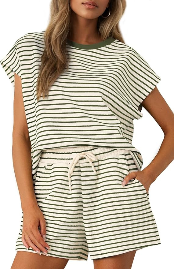 Sweetmoon Two Piece Sets for Women Summer Outfits, Striped Short Set Short Sleeve Top and Shorts ... | Amazon (US)