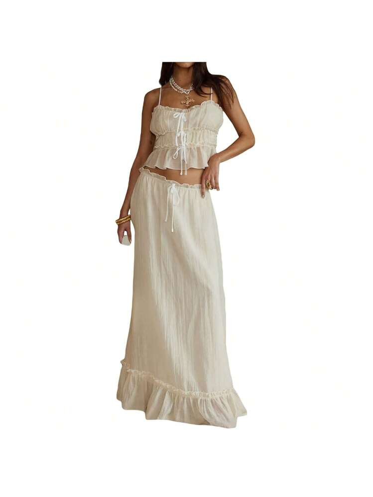 Women Sexy Summer Two Piece Cotton Linen Long Tie Up Skirt Set Y2k Sleeveless Lace Up Crop Tank Top Pleated Maxi Skirt Matching Set Beachwear | SHEIN
