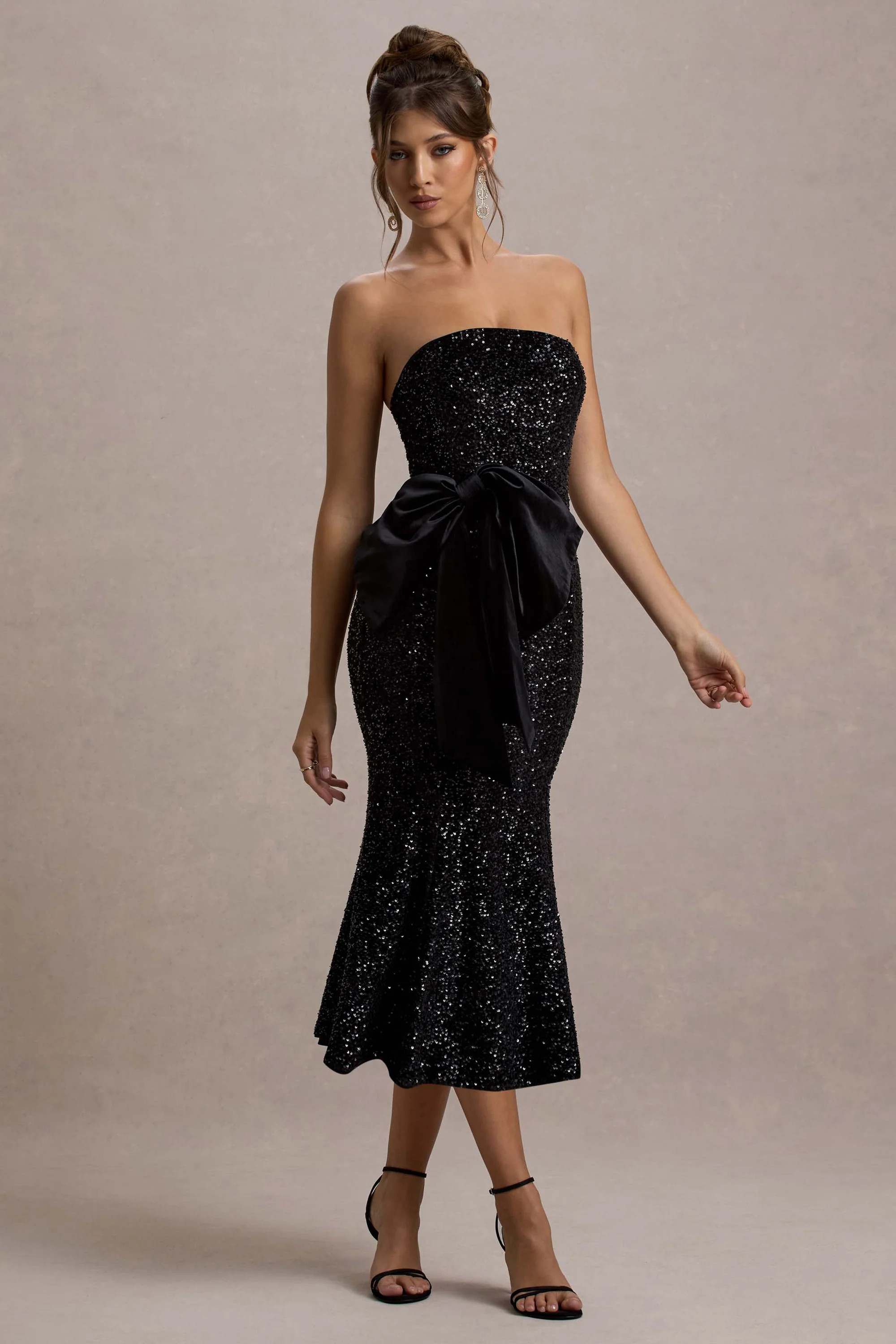 Adee | Black Sequin Velvet Halter-Neck Midi Dress With Bow | Club L London