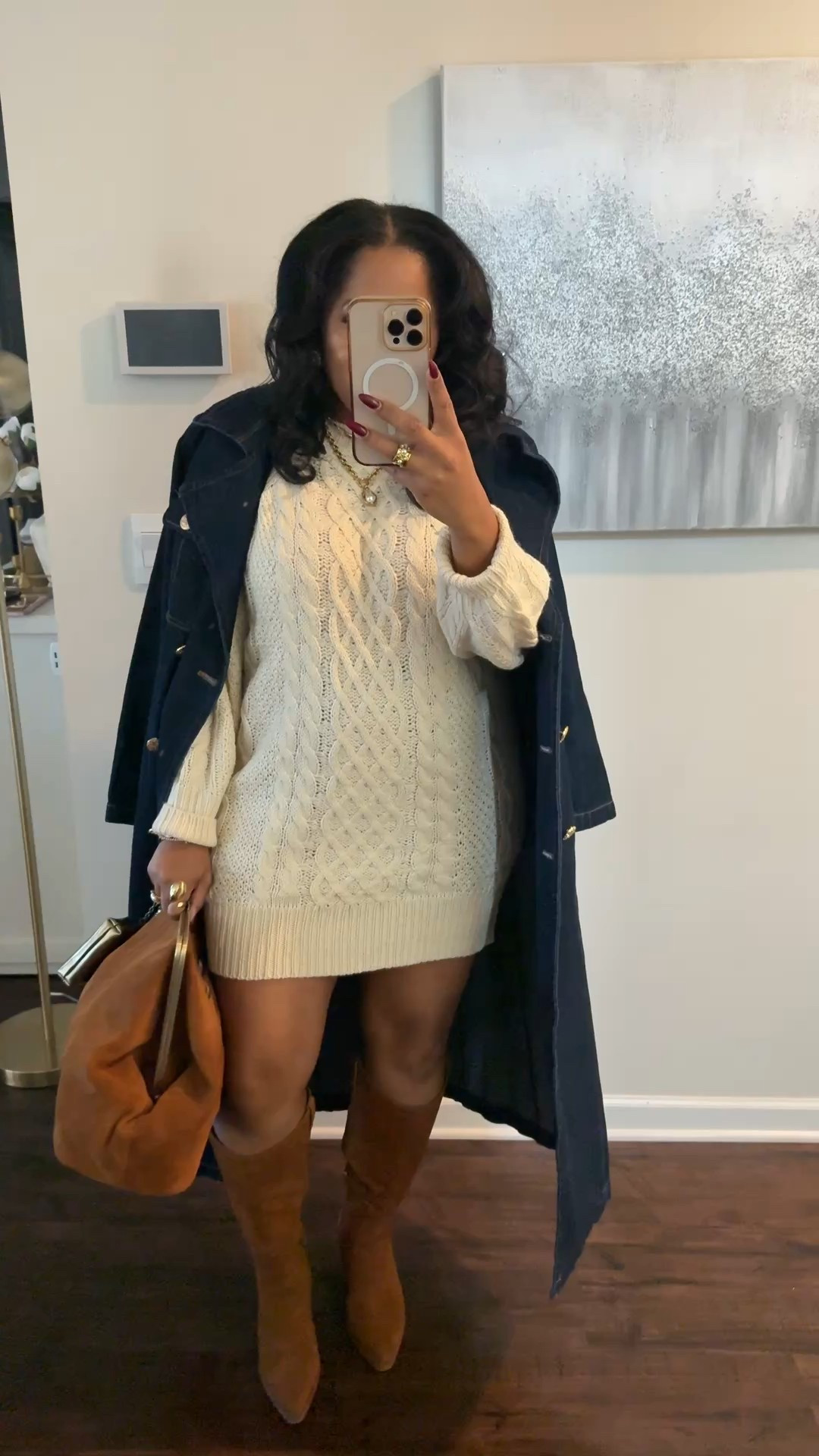 Thanksgiving outfit. 
Wearing XL in jacket and sweater dress.
Boots are a size 10W
Bag is the larger size but also comes medium. 

#LTKHoliday #LTKootd