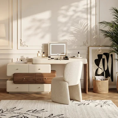 47.2" Modern Cream White Vanity Desk with LED Mirror, Walnut Drawers, Makeup Storage Vanity | Wayfair North America