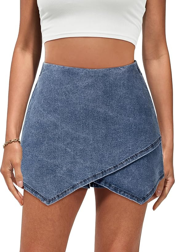 luvamia Jean Skorts for Woman High Waisted Pull On Stretchy Denim Wrap Skirt with Shorts Trendy A... | Amazon (US)