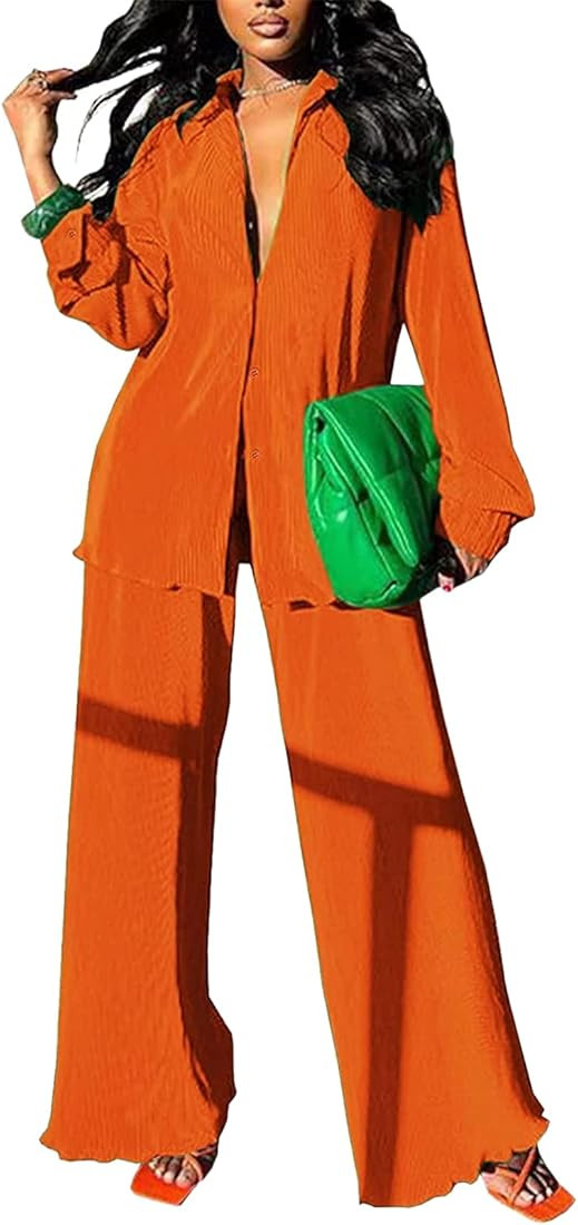 Casual Pleated 2 Piece Outfit Long Sleeve Loungwesr | Amazon (US)