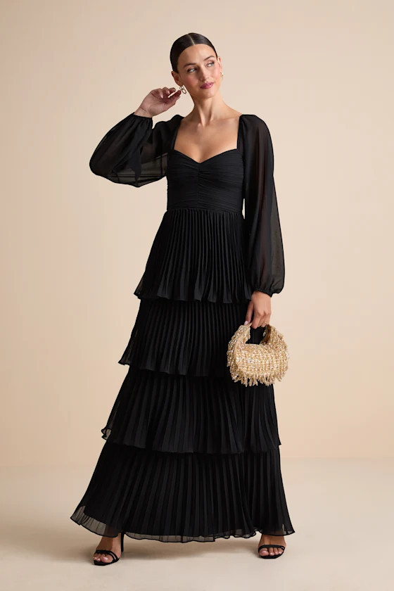 Impactful Elegance Black Tiered Balloon Sleeve Maxi Dress | Lulus