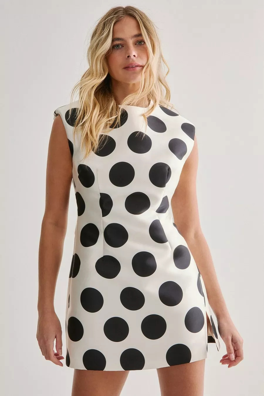 Polka Dot Structured Satin Shoulder Pad Split Mini Dress | Nasty Gal US