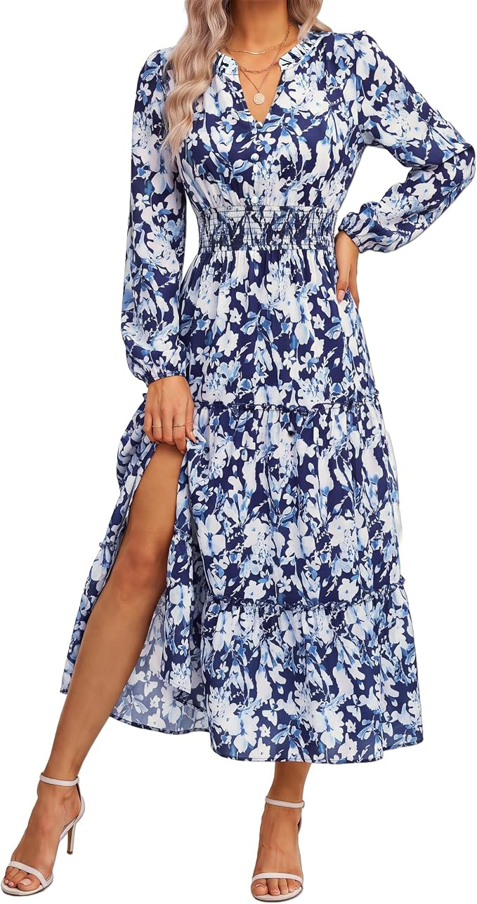 GRACE KARIN Women's Floral Maxi Dress 2026 Fall Long Sleeve V Neck Empire Waist A Line Flowy Dres... | Amazon (US)