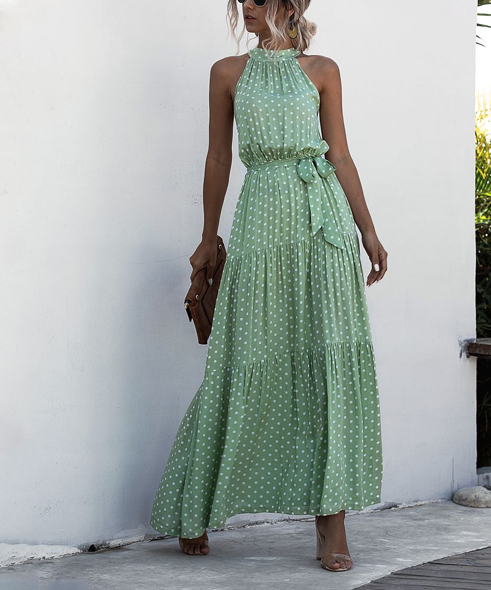 Coeur de Vague Women's Maxi Dresses Green - Green Polka Dot Halter Maxi Dress - Women | Zulily