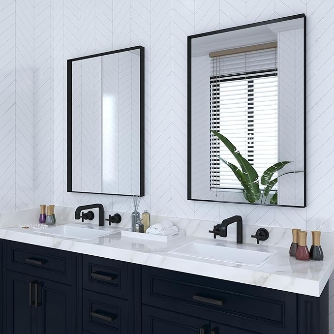 2-Pack Black Bathroom Mirrors 24 x 36 Inch, Metal Framed Square Corner Rectangle Wall Vanity Mirr... | Amazon (US)
