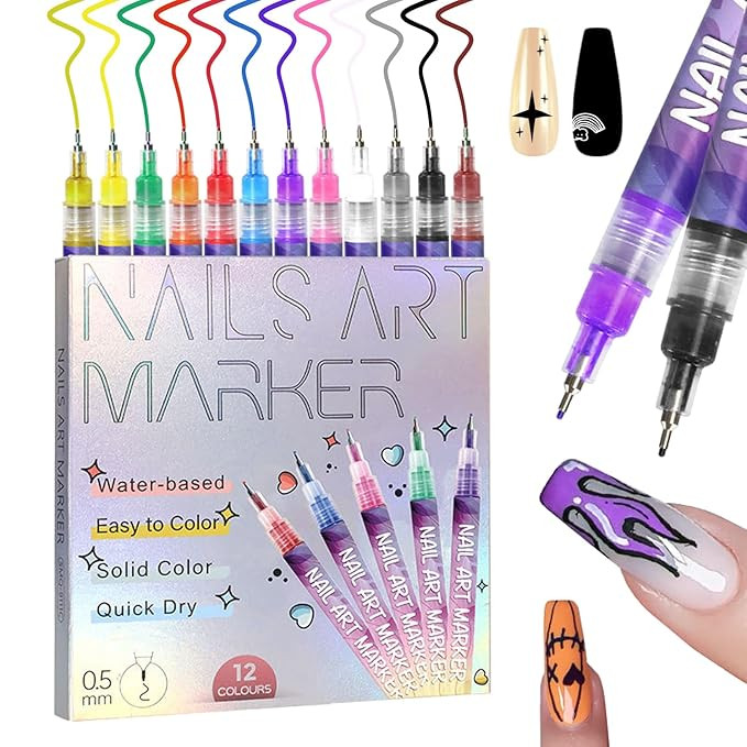12 Color Nail Art Pens, 0.5 MM Nail Polish Pens Set Drawing Painting Point Liner Acrylic Painted ... | Amazon (US)