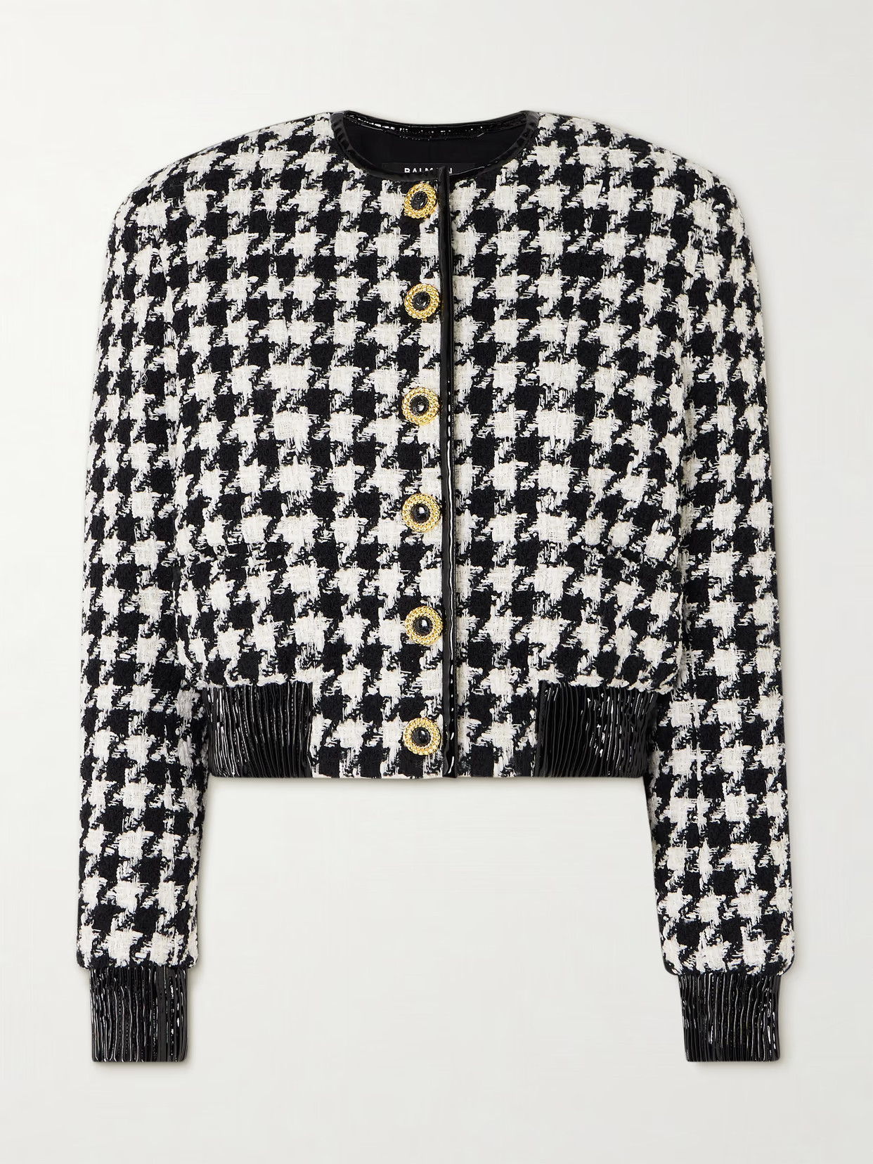 Balmain - Button-embellished Faux Patent Leather-trimmed Houndstooth Tweed Jacket - Black | NET-A-PORTER (US)