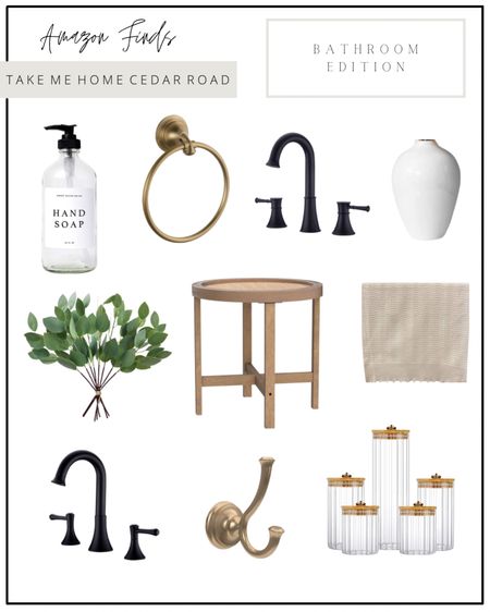 Bathroom, bathroom decor, soap dispenser, towel ring, accent table, accent stool, bathroom stool, bathroom canister, hand towel, Turkish towel, bathroom faucet, black faucet, champagne bronze. Faux greenery, eucalyptus, vase, white vase, spring decor, home decor, table decor, shelf decor, amazon, amazon finds 

#LTKunder100 #LTKhome #LTKunder50