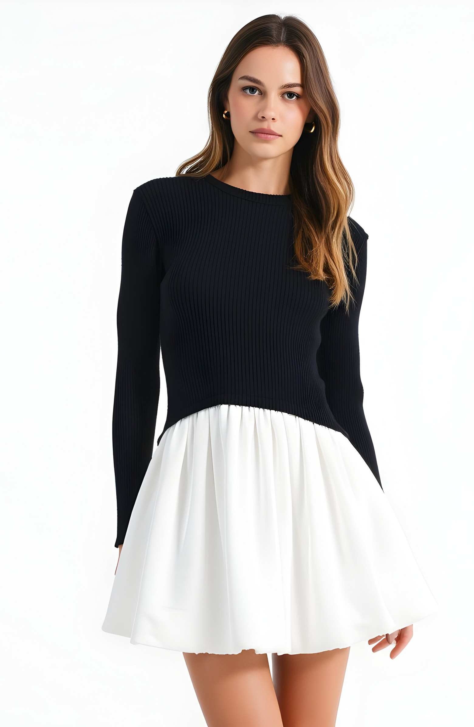 Knit and Woven Fit-and-Flare Mini Dress with Ribbed Long Sleeve Top | Nordstrom