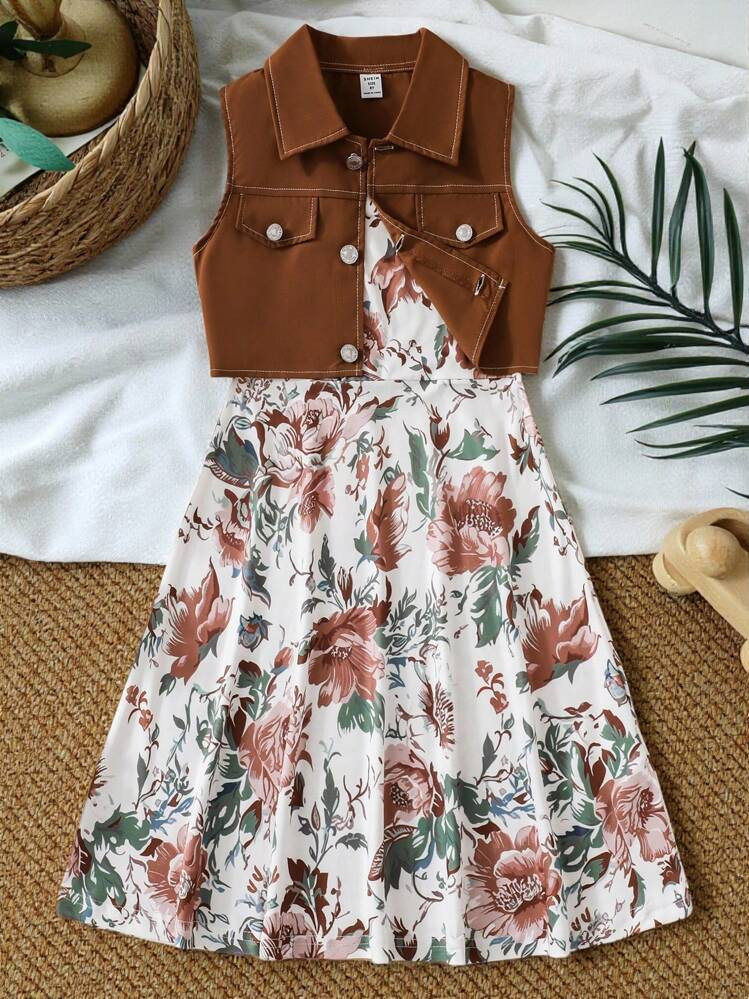 SHEIN Vintaside Kids Tween Girl Casual Elegant Cute Vest Jacket And Flower Printed Slip Dress Two Pieces Set | SHEIN