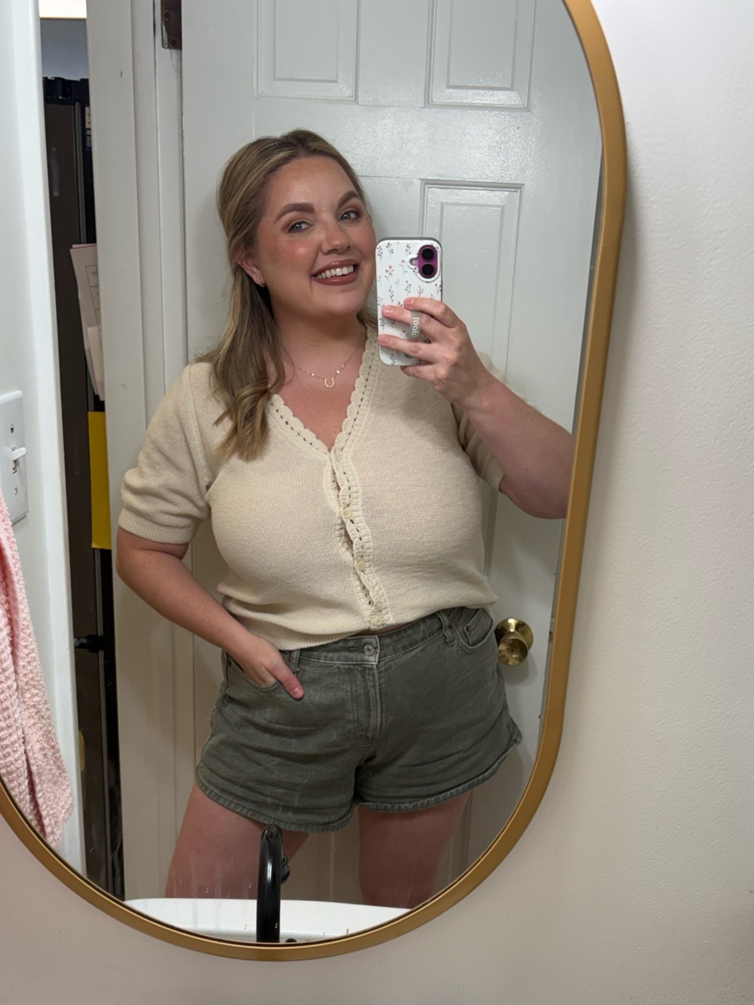 This light weight sweater top is perfect for the transition into fall. Comes in multiple color options 

It has some really cute lace like details along the collar and down the buttons. I also really love the length of the sleeve. 

Top- large 
Shorts-32

@Target 
@abercrombie

#LTKootd #LTKSeasonal #LTKMidsize