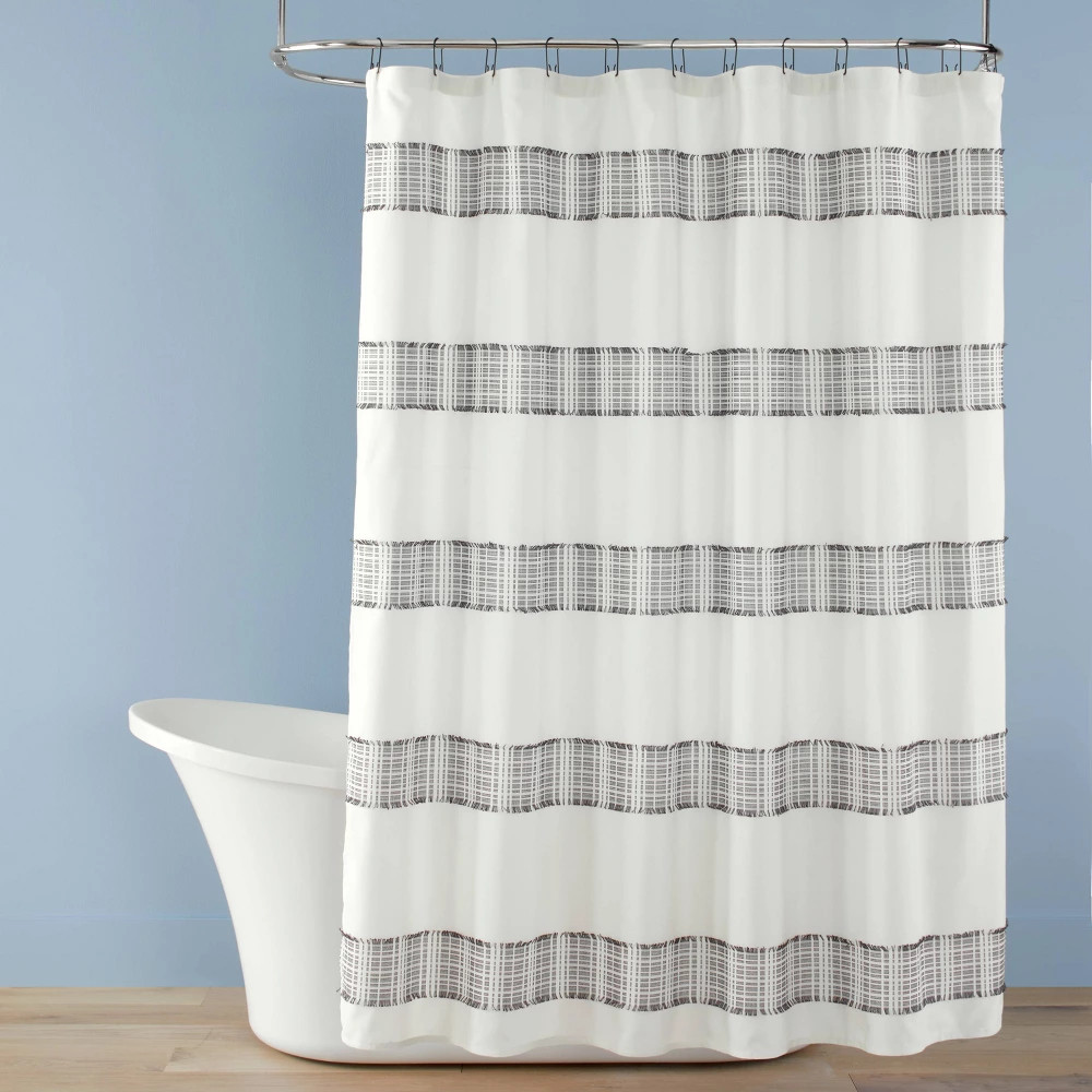 Clipped Jacquard Stripe Shower Curtain Sour Cream/Railroad Gray - Hearth & Hand with Magnolia | Target