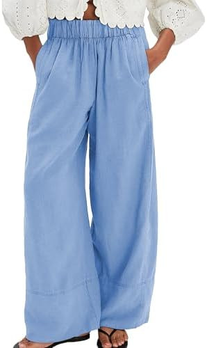 Linen Pants for Women Cotton Baggy Boho Casual Palazzo Pants Wide Leg Long Lounge Trousers with P... | Amazon (US)