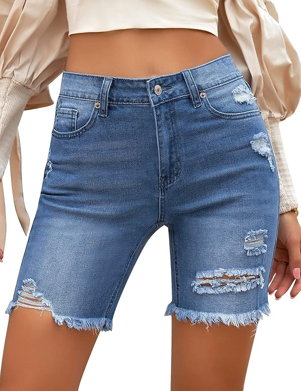 LookbookStore Women High Waist Ripped Bermuda Jean Shorts Skinny Denim Shorts | Amazon (US)