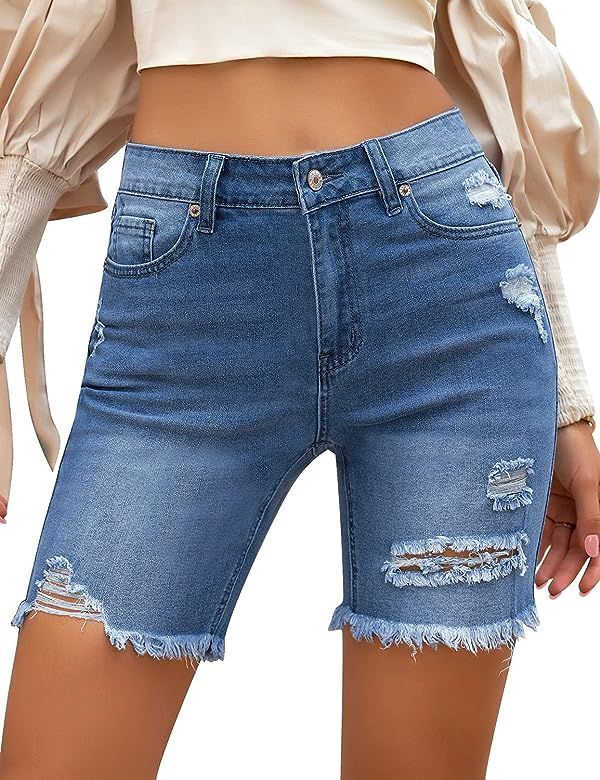 LookbookStore Women High Waist Ripped Bermuda Jean Shorts Skinny Denim Shorts | Amazon (US)