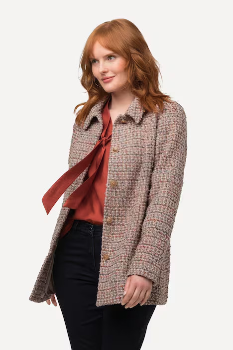 Long Sleeve Collared Woven Boucle Jacket | Ulla Popken - US & CA