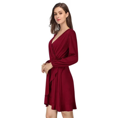 Clearlove Women Spring Tunic Dress 2025 V Neck Casual Tiered Long Sleeve A-Line Swing Midi Babydoll Dress - Wine red,Small | Target