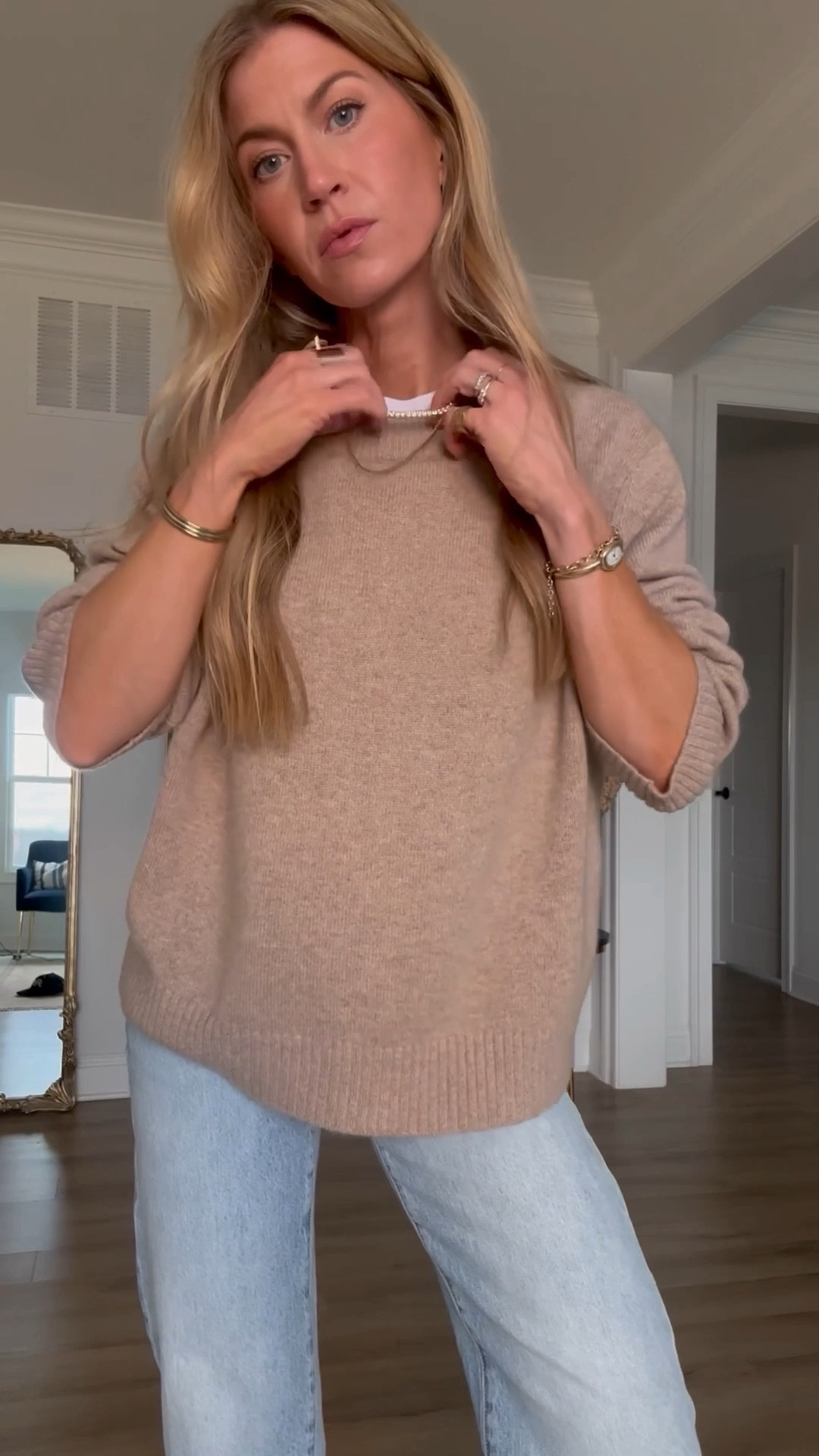 Casual mom outfit. 
White tee: wearing a S
Cream cashmere sweater: runs slightly oversized, wearing a S
Light wash straight leg denim: runs TTS, wearing a 25
Nude sneakers: run TTS 

#LTKgrwm #LTKmomlife #LTKootd