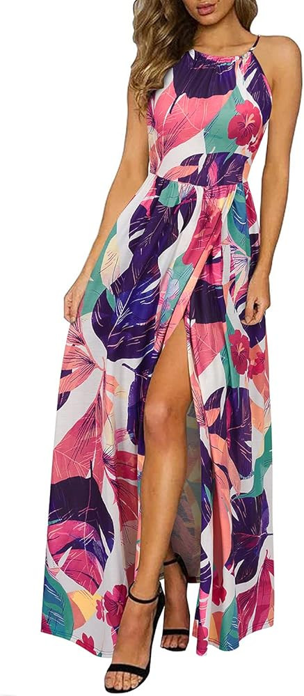 KILIG Women's Summer Casual Sleeveless Halter Neck Floral Print Beach Party Split Maxi Long Dress... | Amazon (CA)
