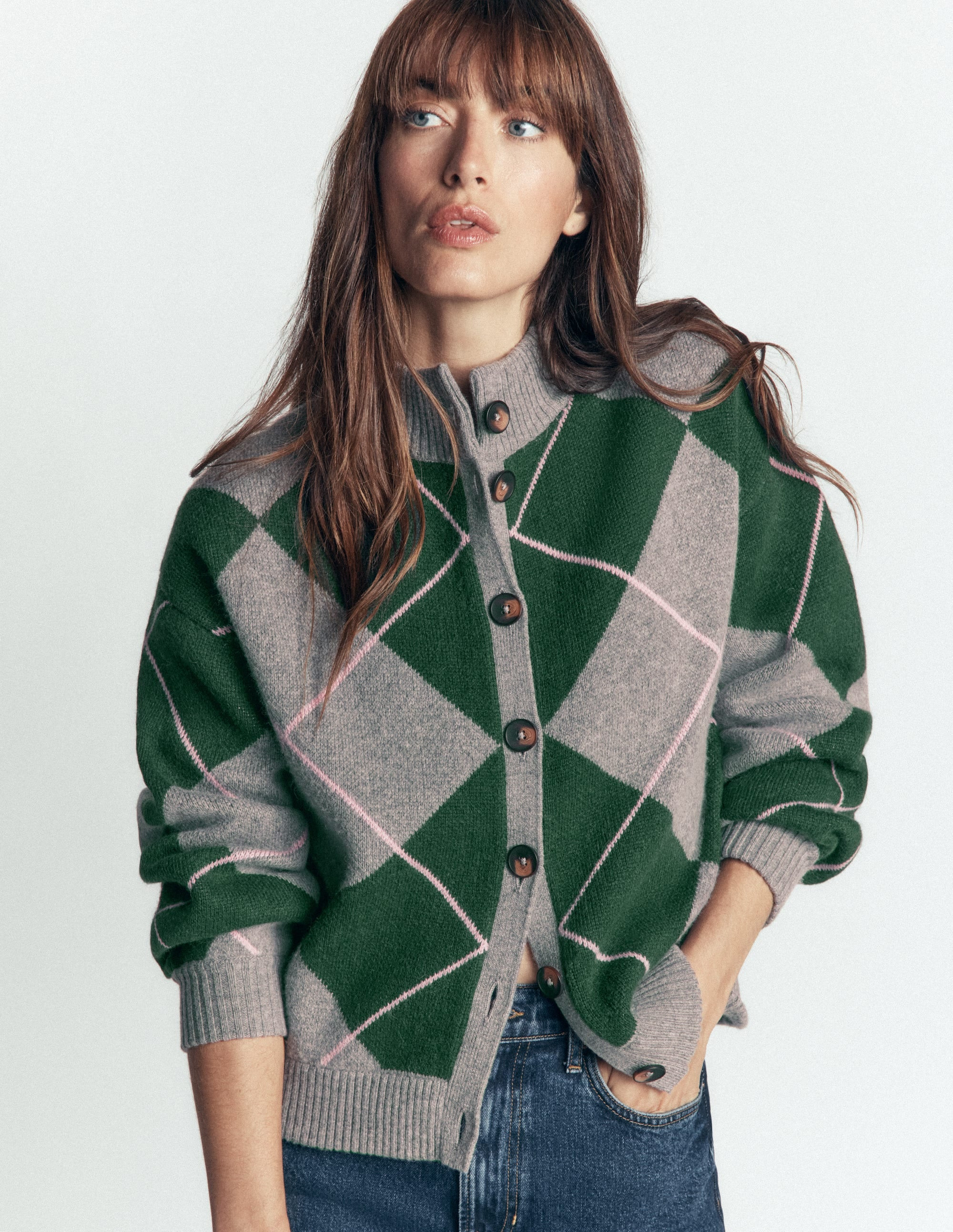 Jemma Jacquard Knit Cardigan-Hunter Green Argyle | Boden (US)