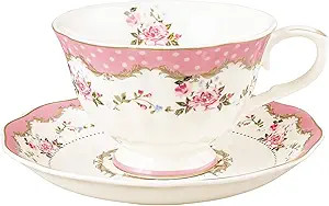fanquare English Floral Tea Cup, Pink Porcelain Coffee Cup, 7oz Flower Tea Cup and Saucer, Elegan... | Amazon (US)