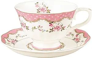 fanquare English Floral Tea Cup, Pink Porcelain Coffee Cup, 7oz Flower Tea Cup and Saucer, Elegan... | Amazon (US)