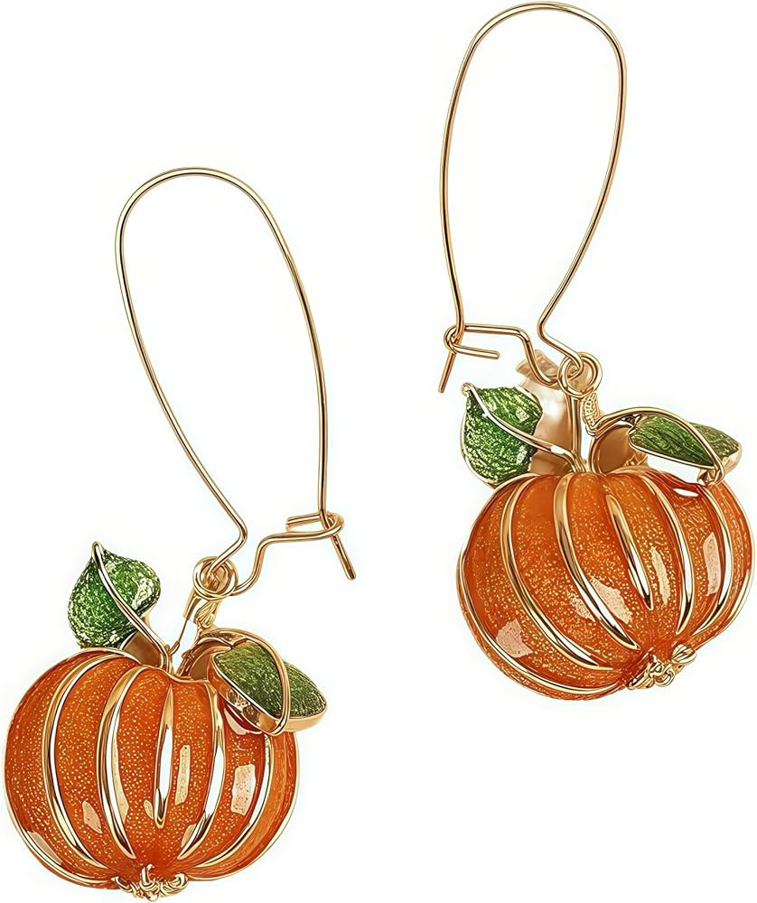 Halloween Pumpkin Dangle Earrings, Orange Enamel Green Leaf Gold Plated Metal Earrings, 2.36 Inch... | Amazon (US)