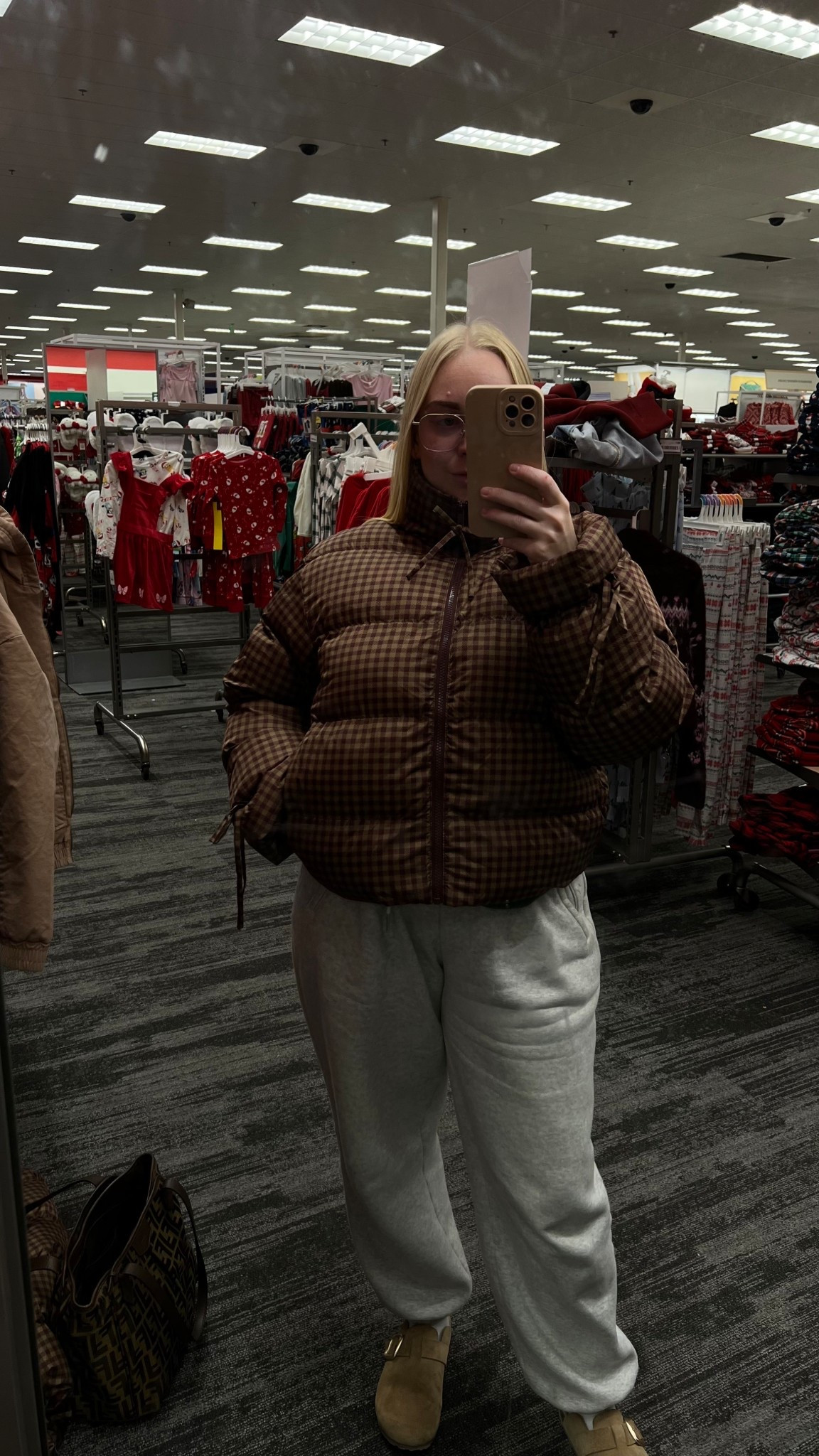 Target $45 gingham puffer in burgundy + brown  