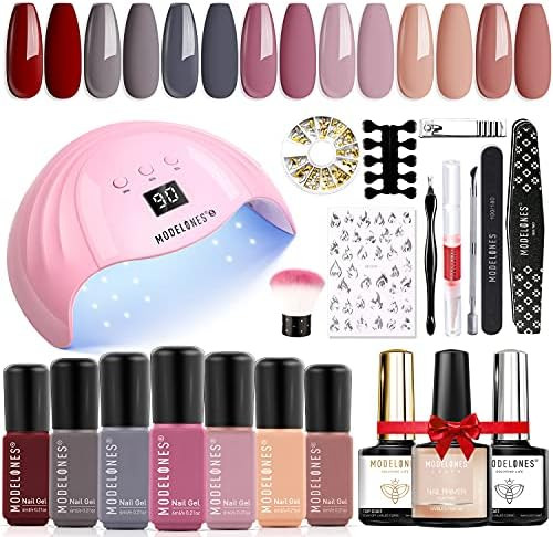 Modelones Gel Nail Polish Kit with U V Light 48W Nail Dryer 7 Nude Colors Gel Nail Polish Set, No... | Amazon (US)