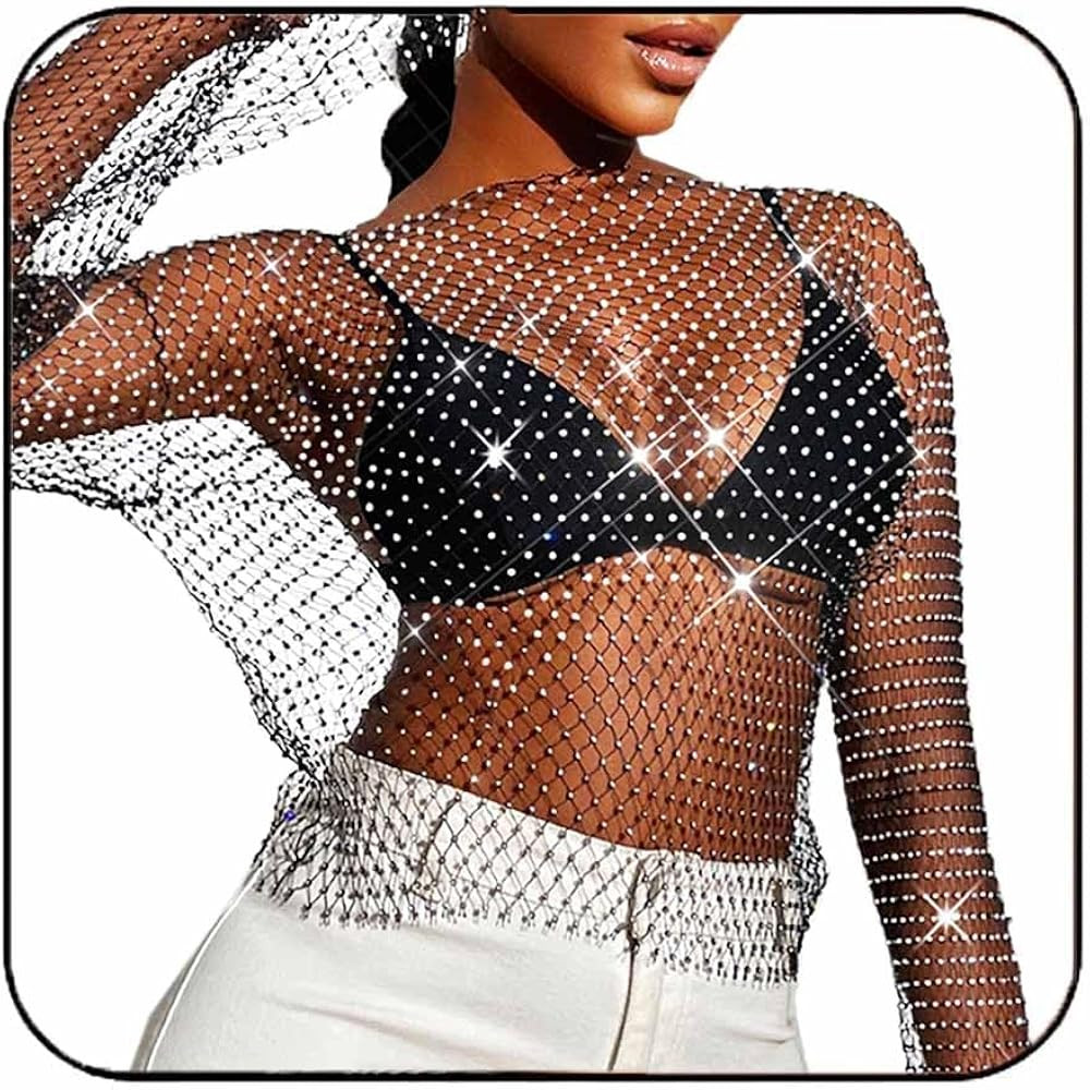 Fstrend Mesh Body Chains Crystal Long Sleeve Fishnet Crop Tops Rhinestone See Through Cover up Bi... | Amazon (US)