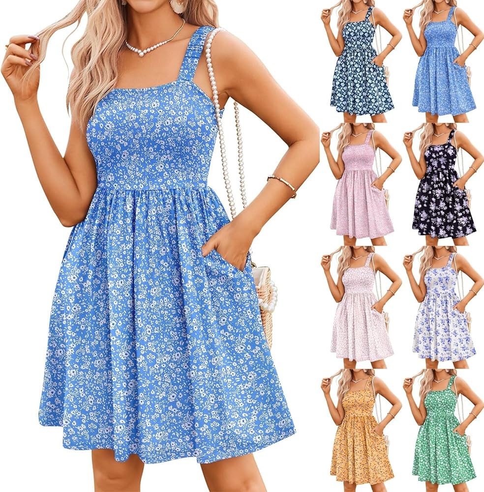 Women's Summer Square Neck Dress Sleeveless A-line Casual Mini Dresses with Pockets Floral Beach ... | Amazon (US)