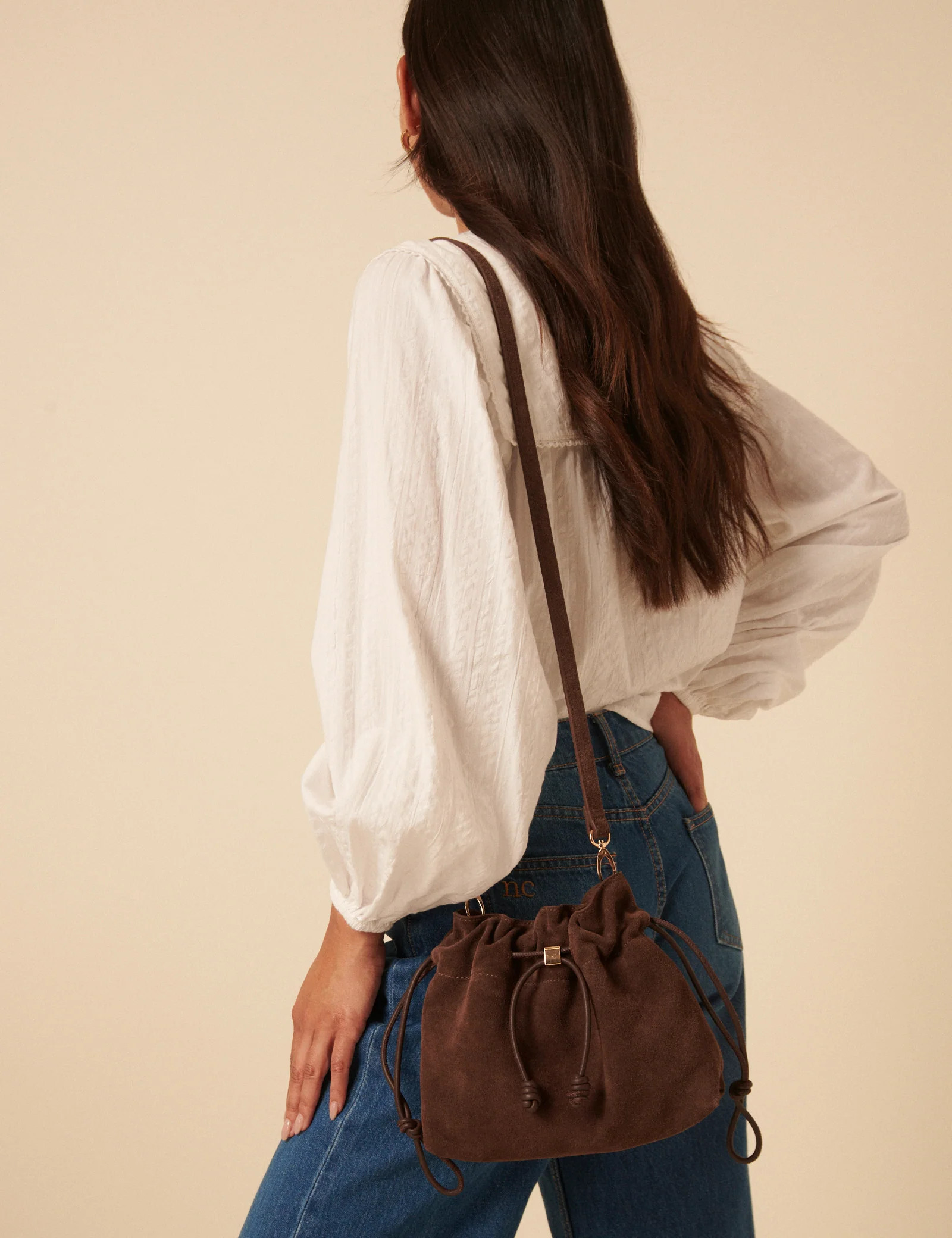 Brown Suede Drawstring Pouch Bag | Nobody's Child