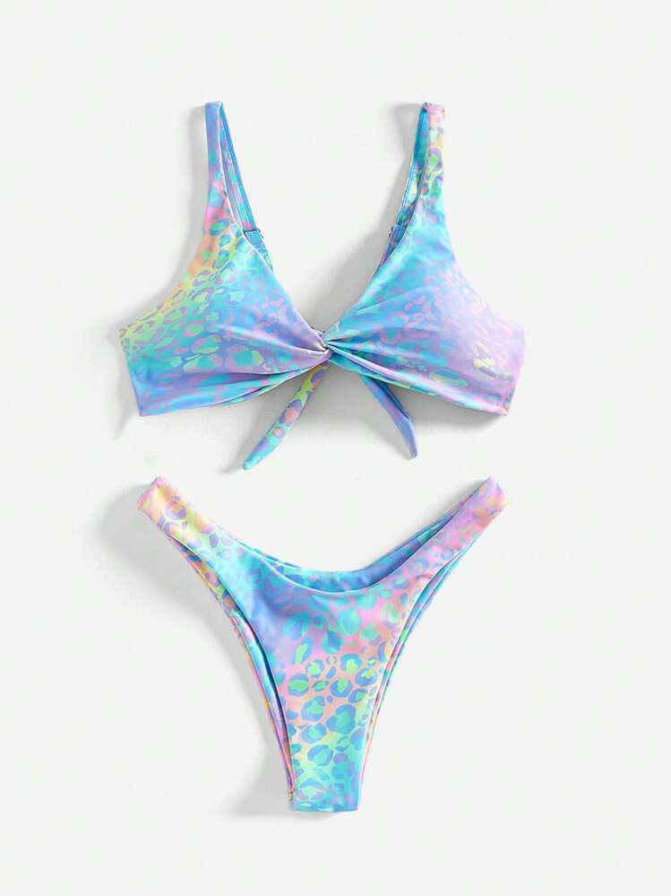 Swim Mod Fish Scales Print Knot Front Swim Top & Swim Bottom Bikini Set Summer Beach | SHEIN