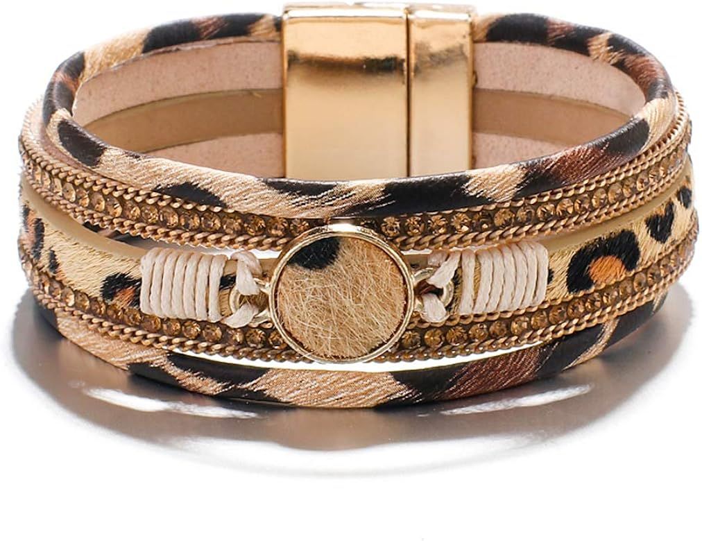 Leopard Bracelets for Women Metal Round Charm Horse Hair Multilayer Wide Leather Wrap Bracelet | Amazon (US)