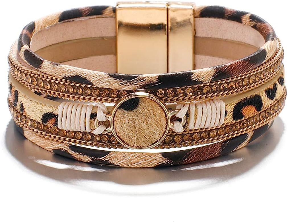 Leopard Bracelets for Women Metal Round Charm Horse Hair Multilayer Wide Leather Wrap Bracelet | Amazon (US)