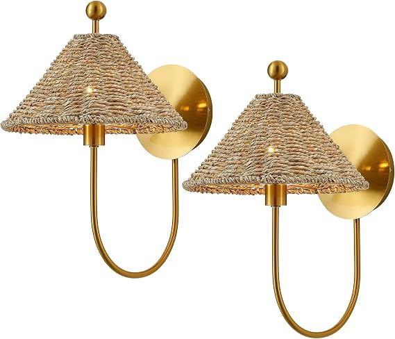 Boho Hand Woven Rattan Wall Scones Set of 2 Brass Wall Lamp Rustic Wall Lights for Bedside Hallwa... | Amazon (US)