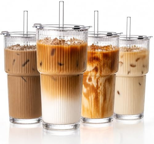 20oz Iced Coffee Cups with Lids, Ribbed Glass Cups with Lids and Straws | Amazon (US)