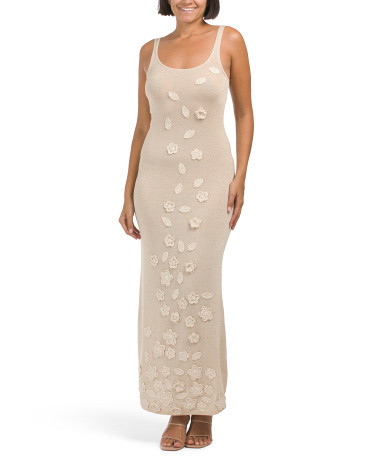 Sleeveless Lurex Maxi Dress With Flowers And Leaf Embellishment | TJ Maxx