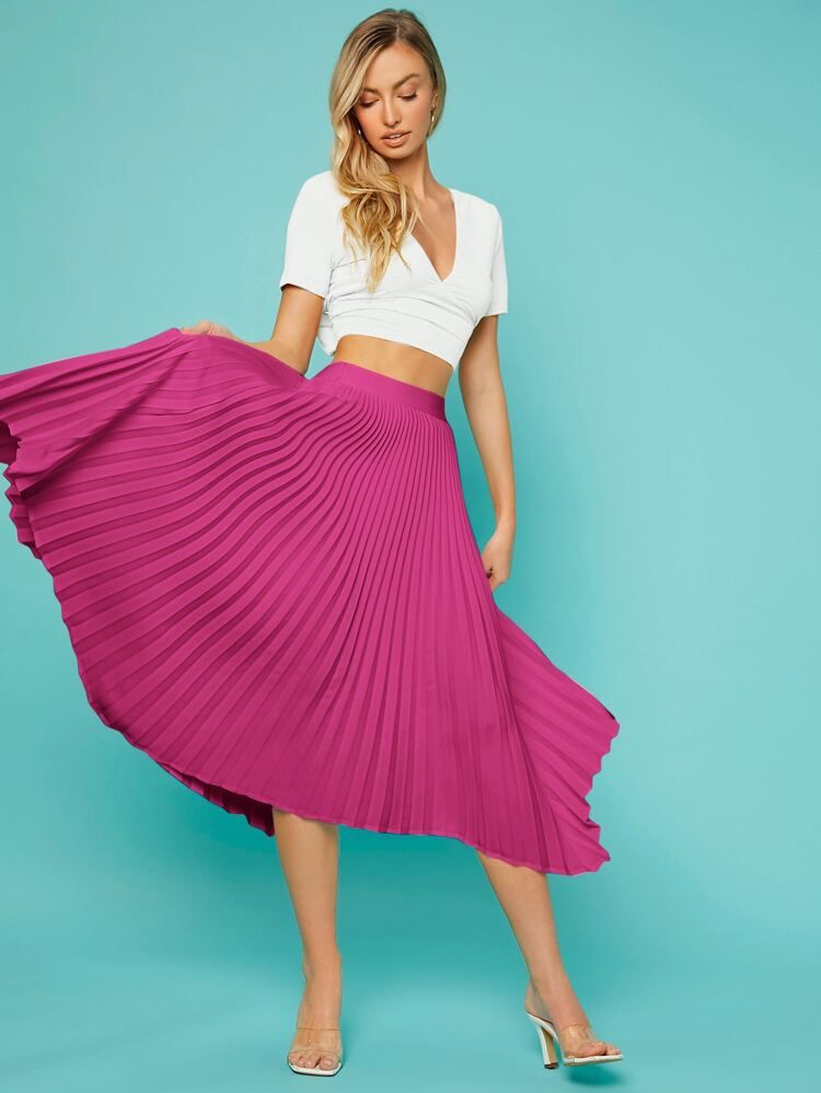 SHEIN Solid Asymmetrical Hem Pleated Skirt | SHEIN