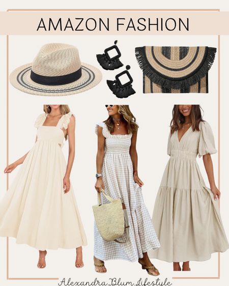 Ivory maxi dresses perfect for this summer! Great church outfits! Vacation outfits! Fun straw clutch bag, fringe earrings, and fedora hat! Amazon dresses! Amazon fashion! Amazon finds!

#LTKFindsUnder100 #LTKOver40 #LTKItBag