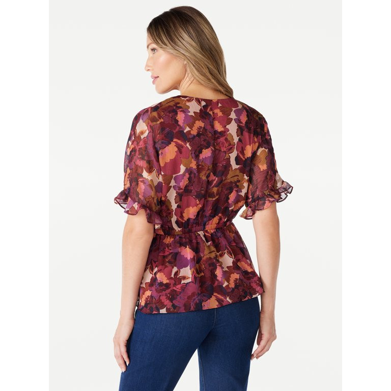 Sofia Jeans Women's Faux Wrap Floral Blouse with Short Sleeves, XS-3XL | Walmart (US)