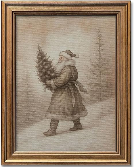 Vintage Christmas Decor Farmhouse Wall Art Gold Framed Rustic Winter Landscape Santa Pictures Pai... | Amazon (US)