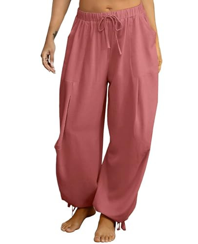 Women's Linen Balloon Barrel Beach Pants Boho Harem Flowy Drawstring Casual Loose Pants with Pock... | Amazon (US)